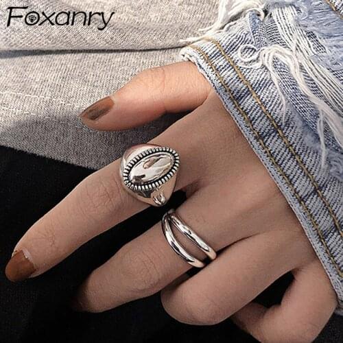 Foxanry INS Fashion 925 Sterling Silver Finger Rings for Women Creative Vintage Handmade Geometric Elegant Party Jewelry Gifts