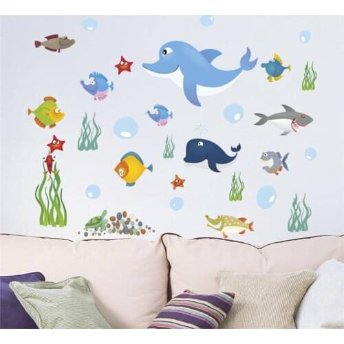 Cartoon Whale Shark Turtle Fishes Sealife Wall Sticker For Kids Room Bathroom Home Decor Diy Animal Mural Art Pvc Decals Poster