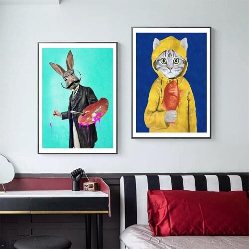 Cartoon Cat Fish Posters And Prints Canvas Oil Painting Rabbit Painter Wall Art Pictures For Living Room Kids Room Home Decor