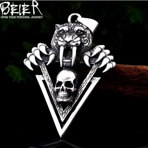 BEIER 316L Stainless steel Tiger tooth skull pendant necklace man chain Unisex Luck Alloy Retro Vintage Jewelry LHP100
