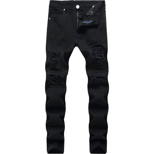 Mens Holes Ripped Stretch Denim Jeans Casual Slim Straight Holes Ripped Pants Trousers Blue Black