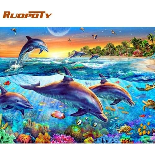 RUOPOTY Picture DIY Oil Painting By Numbers For Adults With Frame Dolphin Animals Coloring By Numbers For Home Decors 60x75cm