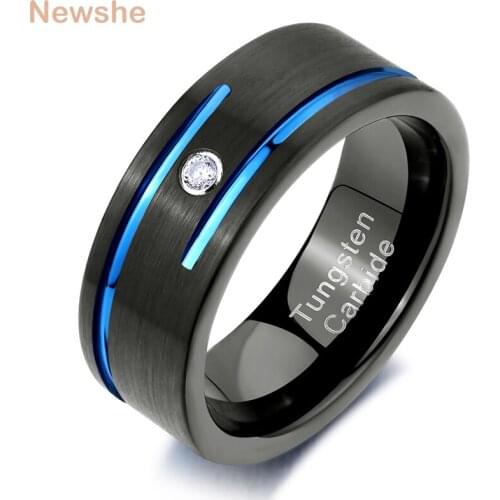 Newshe Mens Charm 8mm Black Tungsten Carbide Bands Blue Groove Finger Rings For Men White AAA Zircon Wedding Jewelry TRX063