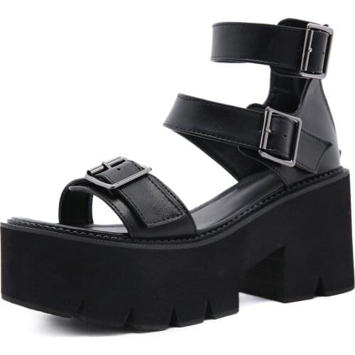 New Ankle Strap Summer Fashion Women Sandals Open Toe Platform Shoes High Thick Heels Female Black Unique Party Shoes 35-43