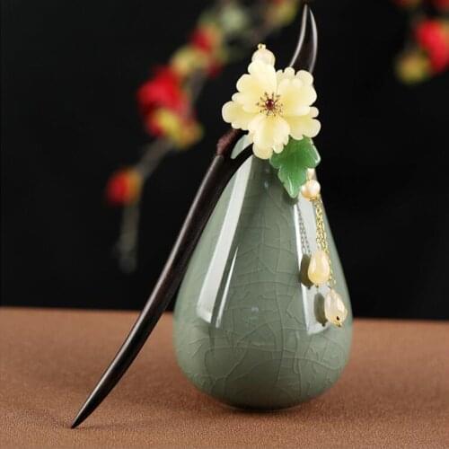 Original Ornament Handmade Chinese Hanfu Antique Hairpin Female Coiled Wood Hairpin Stone Pearl Tassel Step Shake Hair Sticks
