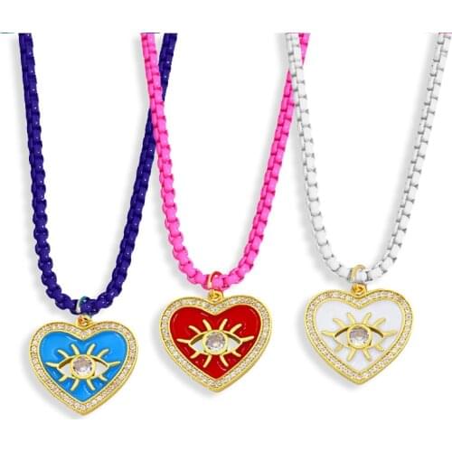 FLOLA Copper CZ Heart Necklace Pendant For Women Crystal Colorful Enamel Evil Eye Necklace Cute Fashion Jewelry nkew03
