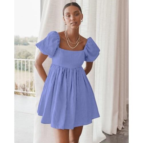 Short Sleeve Dress Puff Mini Summer Clothes Linen French Vestidos Shirt Cotton Casual Ropa Mujer 2021Fashion Women Kleider Damen