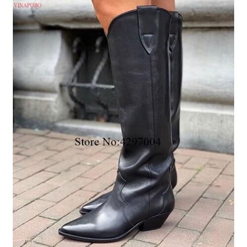 2020 Western boots black Leather knee high boots for women pointed toe winter long boots women chunky heels cowboy knight boots