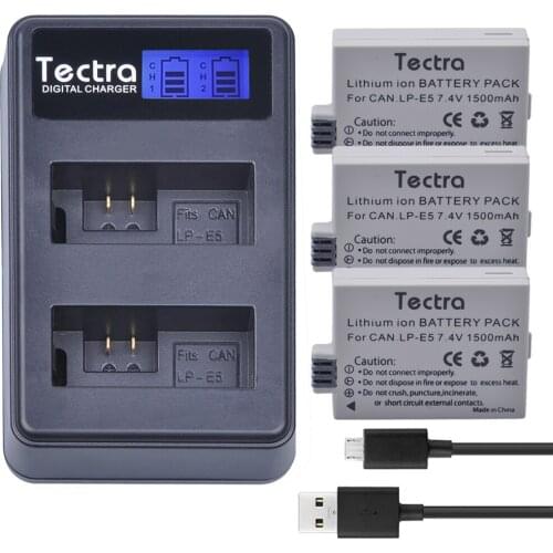 Tectra 3PCS LP-E5 LPE5 Battery + LCD USB Dual Charger for Canon EOS Rebel XS Rebel T1i Rebel XSi 1000D 500D 450D Kiss X3 Kiss