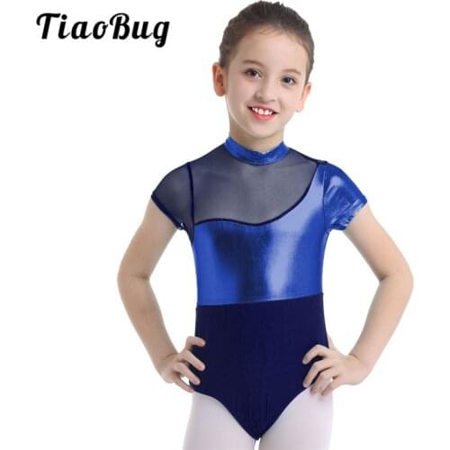 TiaoBug Kids Teens Short Sleeves Sports Bodysuit Girls Shiny Metallic Mesh Splice Stage Dance Costume Ballet Gymnastics Leotard
