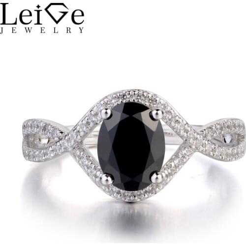 Leige Jewelry Natural Black Spinel Ring Sterling Silver 925 Fine Jewelry Black Gemstone Rings For Women Oval Shaped Split Shank