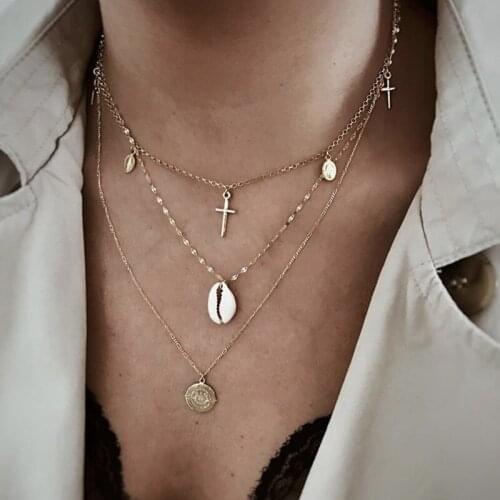 YWZIXLN Bohemian Gold Color Multi-elemen Cross Shell Sheet Pendant Necklace For Women Jewelry Accessories Gift Wholesale N025
