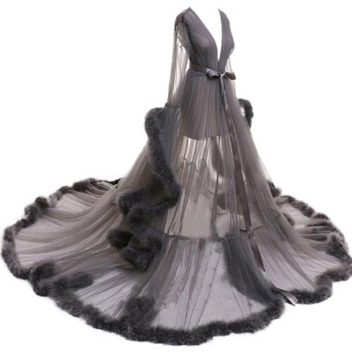 Women Sleepwear Feather Bathrobe Long Wedding Bridal Robe Scarf Illusion Nightgown Perspective Sheer Maternity Pajamas