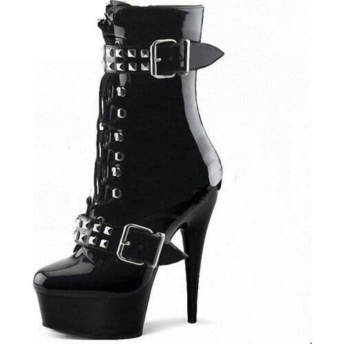 Womens Black Stiletto Heels Ankle Boots Gothic Rivet Buckle Short Boots Rock Singer Dancing Shoes Punk Style Night Bar Footwear