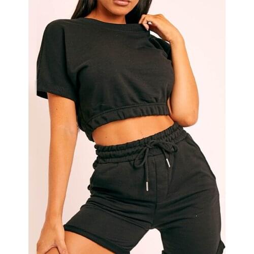 Casual Crop Tops Short-Pants Women Sport Suits Elastic Lace up Patchwork Ladies Tracksuits Summer 2-piece Short Sets For Female