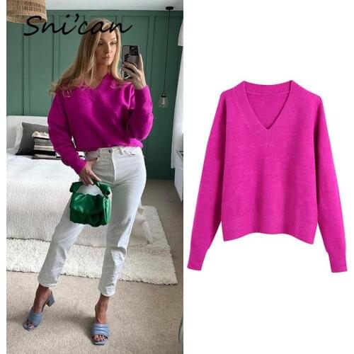 Solid Pink Women Sweater Autumn Winter V Neck Long Sleeve Casual Fashion Ladies Knitted Pullover Femme Za 2021 Female Jumper New