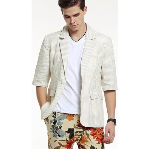 100% Linen Man Blazer High Quality Summer Party Bar Nightclub Beige Half Sleeve Single Button Men Casual Suit Jacket