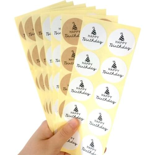 100pcs Kraft White Sticker Reusable Waterproof Sticker Happy Birthday with hat Self adhesive Sealing Sticker DIY sticker label