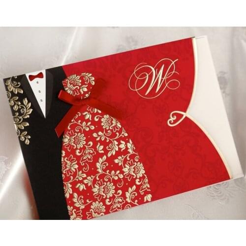 50X Traditional Chinese Style Red Wedding Invitations Cards Lot with Envelopes, Black & Red, Tuxedo & Dress Blank Wedding Cards