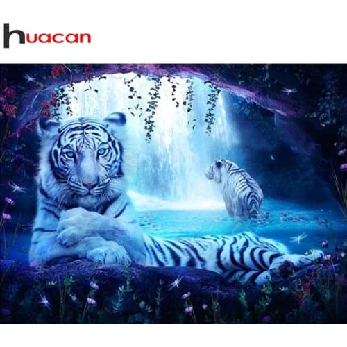 Huacan Diamond Painting Full Drill Tiger White Home Decor Diamond Embroidery Mosaic Animal Lake Scenery Crystal Hobby
