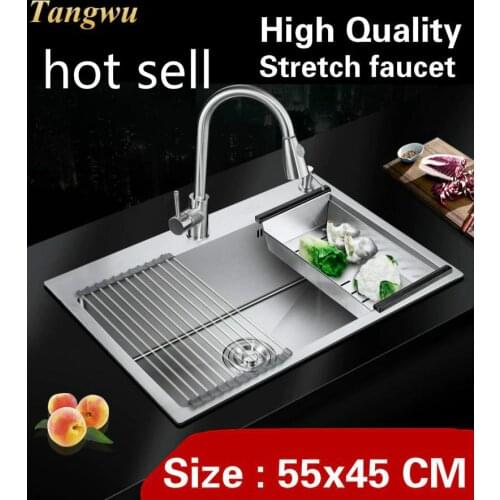 Free shipping Home high capacity kitchen manual sink single trough stretch faucet wash vegetables 304 stainless steel 55x45 CM