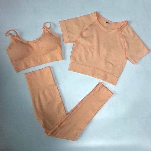 3 Pieces Seamless Yoga Set Women Sport Set Short Sleeve Crop Tops + Fitness Sport Bra +Sports Wear Gym Leggings Workout Clothing