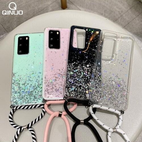 Bling Glitter Necklace Lanyard Phone Case For Huawei P40 P30 P20 P10 Lite Pro Nova 7 6 SE 2 4 3e 5 5i Pro Strap Cord Chain Cover