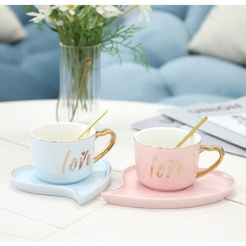 Heart love Couple Gold Rim Ceramic Mug Soy Milk Breakfast Condensed Coffee Tea Cup And Saucer Sets Gold Spoon Mugs Milk Cup