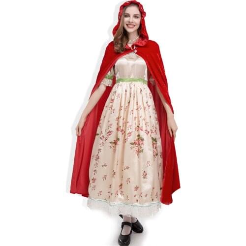 HHalloween Costume Cosplay Long Hooded Cloak Witch Medieval Red Shawl Little Red Hood Riding Hooded Servant Girl Costume