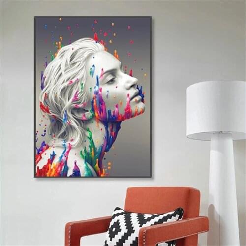 Colorful Liquid Splash on Girl Face Creativity Art Canvas Painting Fahsion Woman Posters Prints Wall Picture Living Room Decor
