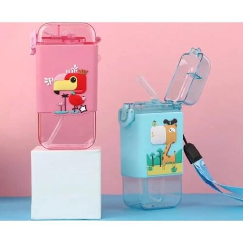 Cartoon Children Water Bottle 280ml with Rope Portable Square Kettle Sealed Leak-Proof BPA Free Tritan Baby Milk Cup With Straw