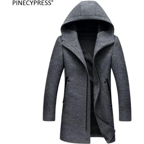 Man Wool Hooded Jacket Long High Quality Hoodie Zipper Casual Black Grey Male Trench Pockets Overcoat Warm Men Woolen Coat