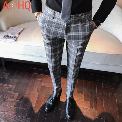 Men Dress Pants Slim Fit Formal Business Plaid Pants Men Pantalon A Carreau Homme Vintage Check Suit Trousers Wedding Pants
