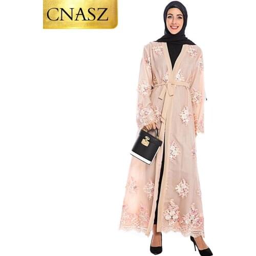 New Arrival Hot Sell Design Dubai Muslim Maxi Dress Floral Embroidery Mesh With Lining Women Dress Abaya Islamic Clothing