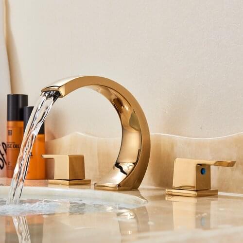 NEW Two Handles Deck Mounted Golden Brass Waterfall Basin Faucet Widespread Vanity Sink Mixer