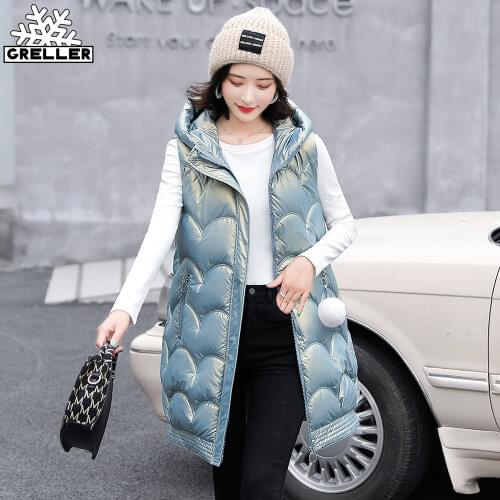 GRELLER Solid Hooded Womens Winter Vest Long Thick Female Sleeveless Winter Waistcoat Cotton Padded Vest Jacket With Pocket