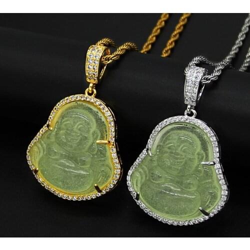 Buddha Necklace for Women Men Stainless Steel Jewelry Shiny Luminous Green Stone Maitreya Pendant Crystal Necklace Punk Rock