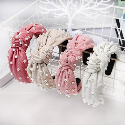 Charm Wood Sweet Solid Color Hairband Elegant Women Knot Turban Headband Graceful Female Girls Pearl Beads Hair Accessories
