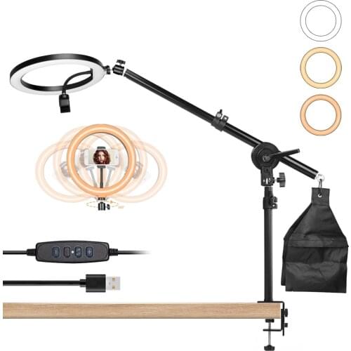 26cm Ring Light Adjustable Table Top Clamp Mount Stand 60cm Cantilever Boom Arm with Sandbag for For Nail art Photo Video Shoot