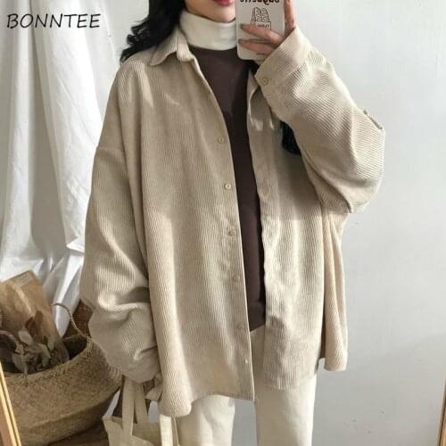Shirts Women Loose Minimalist Solid Casual Streetwear All-match BF Style Popular Corduroy Fashion Female Blouses Retro Soft Chic
