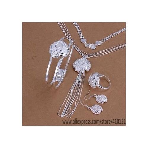 S274 Lucky Charm Silver Color Jewelry Sets For Women Jewelry Lady Accessories Fashion Rose Ring Drop Earrings Bangle Necklace