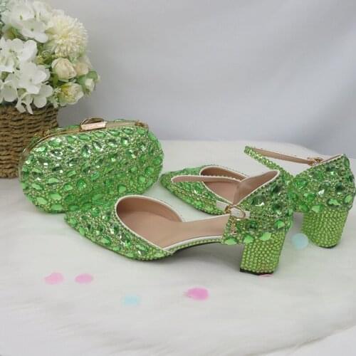 Green Crystal Sandals With Rhinestone Womens Wedding Shoes Square Heel 8cm Ladies Party Dress Shoes Ankle Strap High Heels Bag