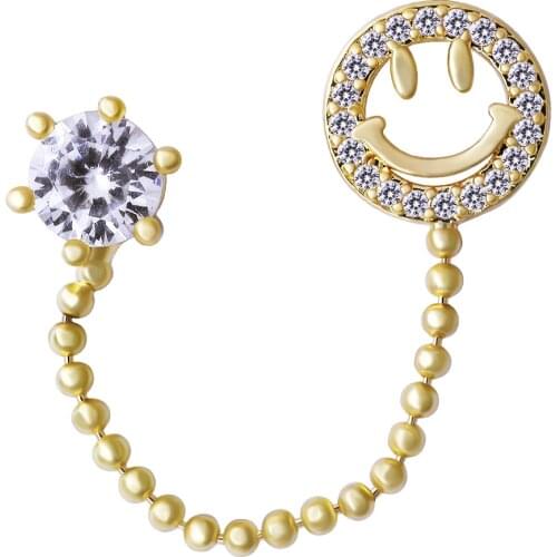 1 Pc Women Iced Out Smile Face Stud Earring Metal Chain Double Pierced Earrings Gold Round Ear Rings Jewelry Gift