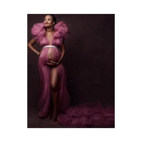 Chic Puffy Pregnancy Photography Dresses V Neck Long Floor Length Front Open Custom Made Sexy Sheer Maternity Robes