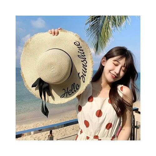 Handmade Weave Letter Sun Hats for Women Black Ribbon Lace Up Large Brim Straw Hat Outdoor Beach Hat Summer Caps