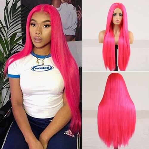Dark Pink Synthetic Heat Resistant Fiber Hair Wig with Baby Hair Silky Straight Wig Cosplay Women