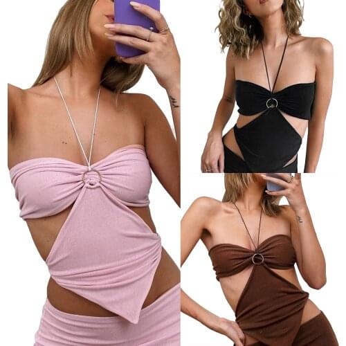 Women Halter Cami Tops, Sexy Sleeveless Backless Solid Color Ring Front Ruched Camisole
