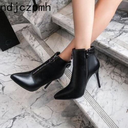 Womens Boots New Winter Fashion Pointed Zipper Belt Buckle High Heel Short Tube Women Shoes Plus Size 34-48 Heel Height 10cm