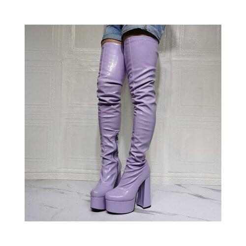 Women Over Knee Platform Boots Faux Leather Chunky Side Zip High Heels Boots Female Shoes Woman Large Size 42 45 47 52