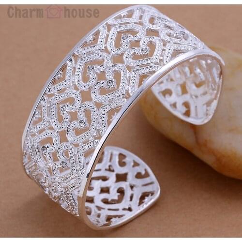 Silver 925 Cuff Bangle Bracelet for Women Luxury Jewelry Wide Crystal Heart Love Bangles Female Accessories Pulseira Gifts